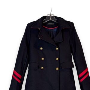 Zara Blue and Red Pea Coat with Military-Inspired Design